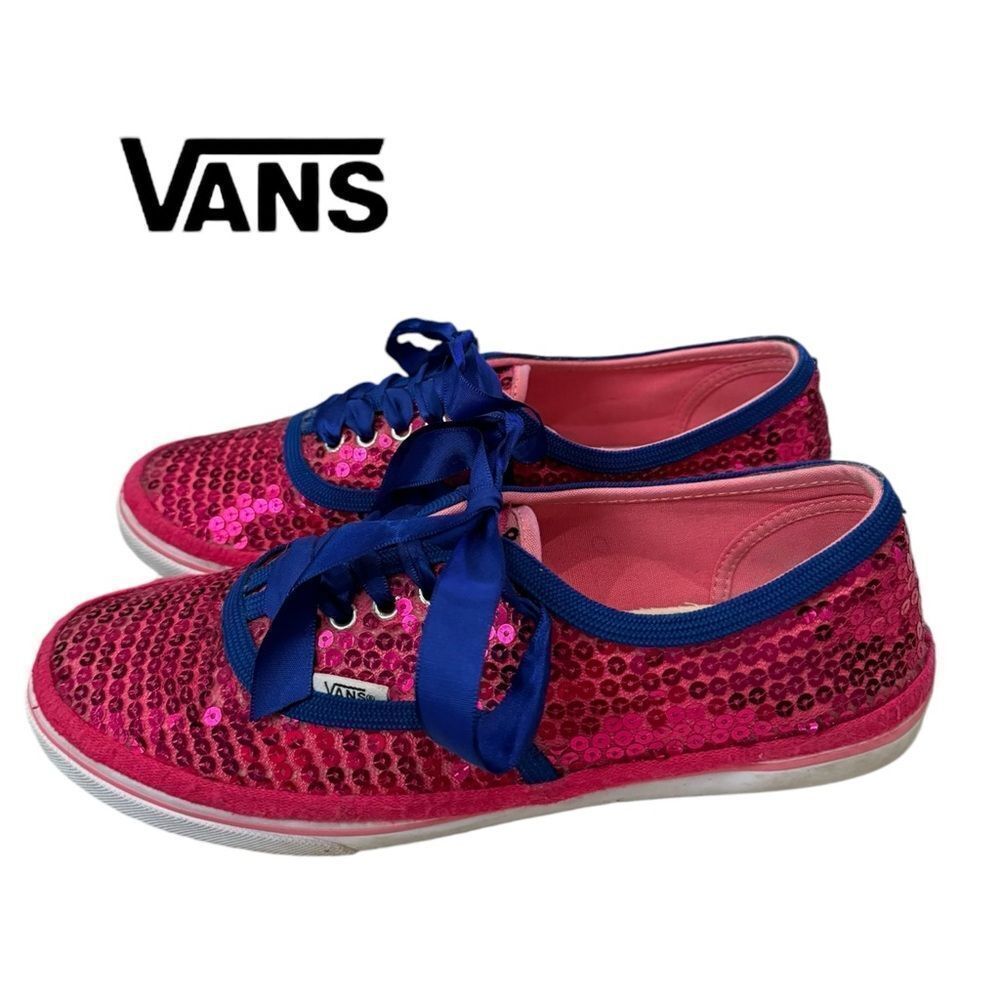 Vans Customized Pink Sequin Blue Lace Trim Tennis Shoes Sneakers 9